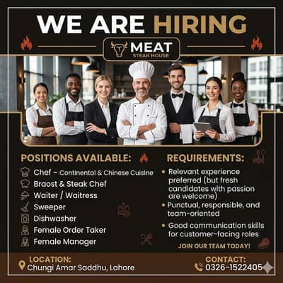 Continental & Chinese Chef || Waiter || Male & Female Restaurant Jobs