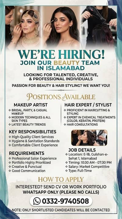Makeup Artist & Hair Stylist Jobs – Islamabad (E-18 Gulshan-e-Sehat)