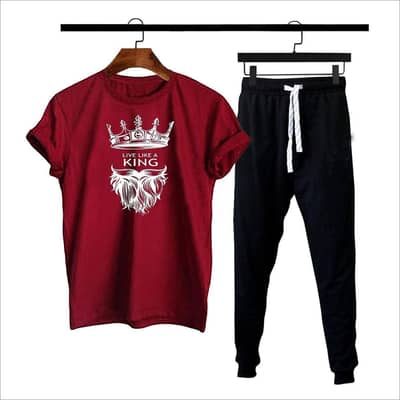 Men Printed Cotton Track Suit Maroon Black XL