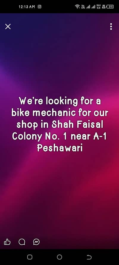 Bike Mechanic Required  In Shah Faisal Colony No. 1 Near A-1 peshwari