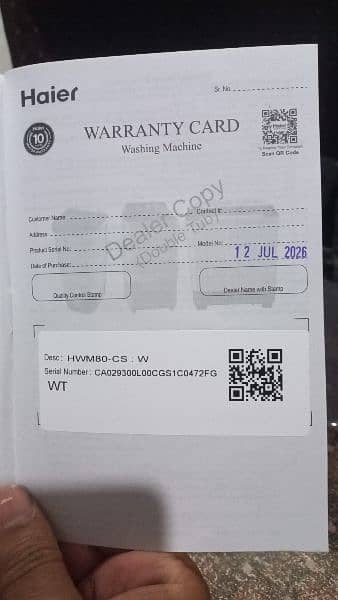 Haier 8kg waranty start from july 2026.