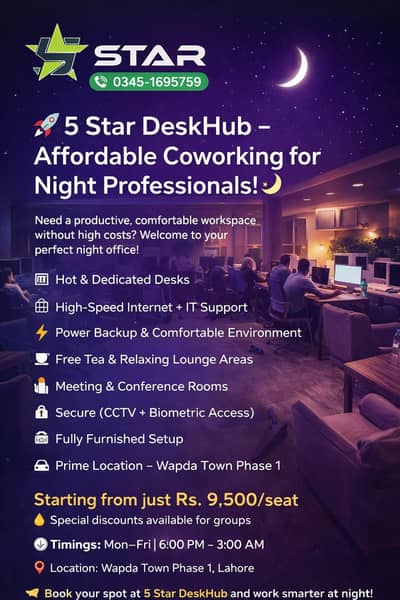  *5 Star DeskHub – Affordable Coworking for Night Professionals!* 