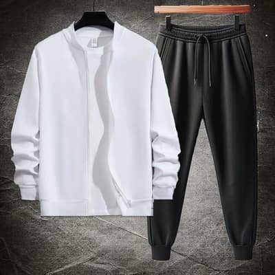 Men Zipper Track Suit Polyester 2Pcs White Black