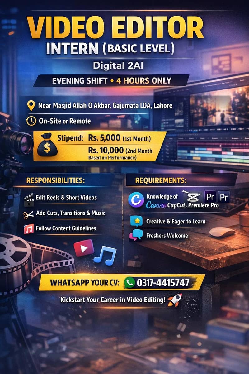  Video Editor Intern (Basic Level) – Digital 2AI job 0