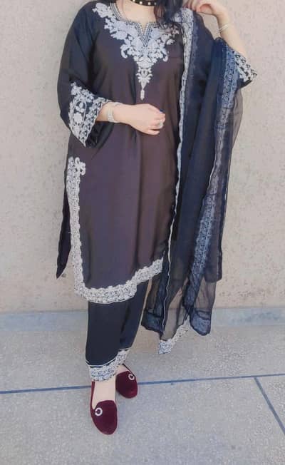 Fabric Silk black colour full embroidery dress organza Dupatta