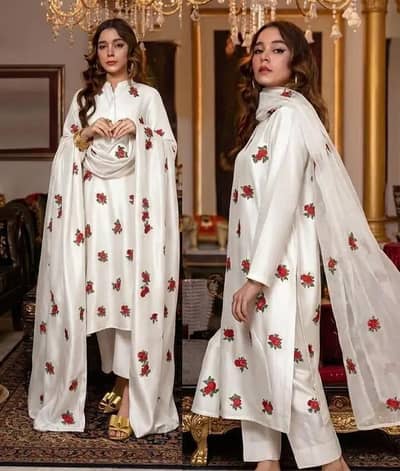 white embroided shamoz silk 3pcs women suit with dupatta