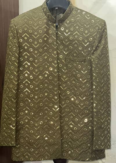 Olive Green Golden Sequin Prince Coat for Mehndi Wedding