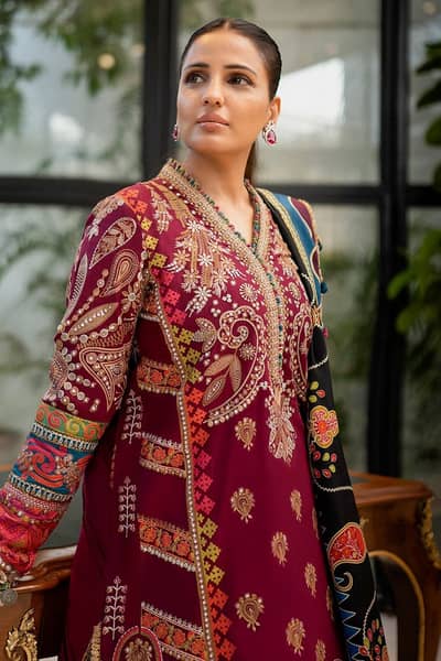 LAAM Inspired Luxury Maroon Full Embroidered Lawn Cotton 3-Piece Suit