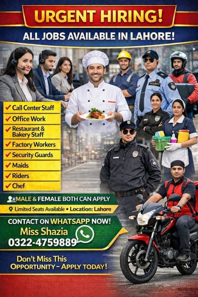 urgent hiring in Lahore multiple jobs available male and female