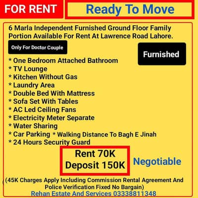 6 Marla Furnished Portion For Rent At Lawrence Road Lahore