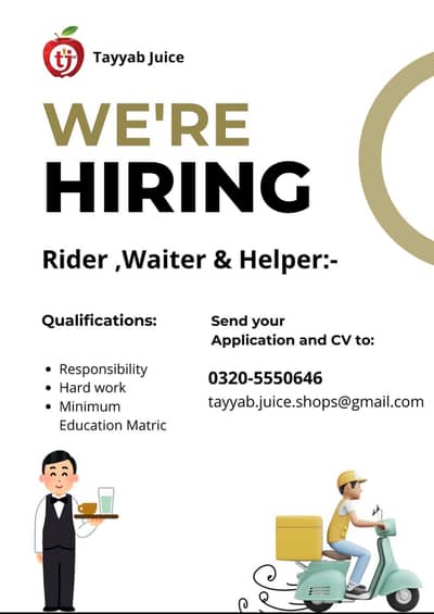 Waiter,Rider,Helper jobs