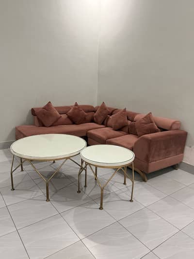 Velvet L-Shape Sofa and Gold Base Coffee Tables (Excellent Condition)