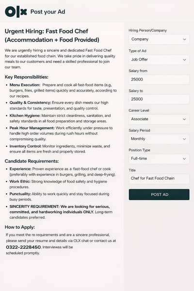 Urgent Hiring: Fast Food Chef (Accommodation + Food Provided)