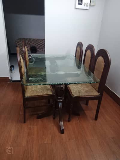 wooden dining table  glass top