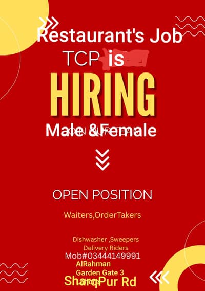 Urgently hiring  Staff Male and Female‍‍
