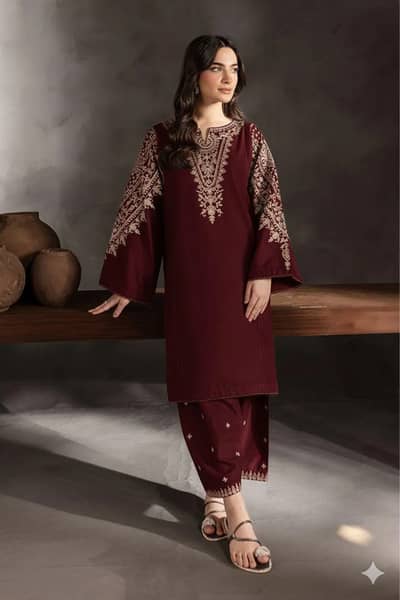 Maroon Embroidered 2-Piece Lawn Cotton Suit - Eid Collection