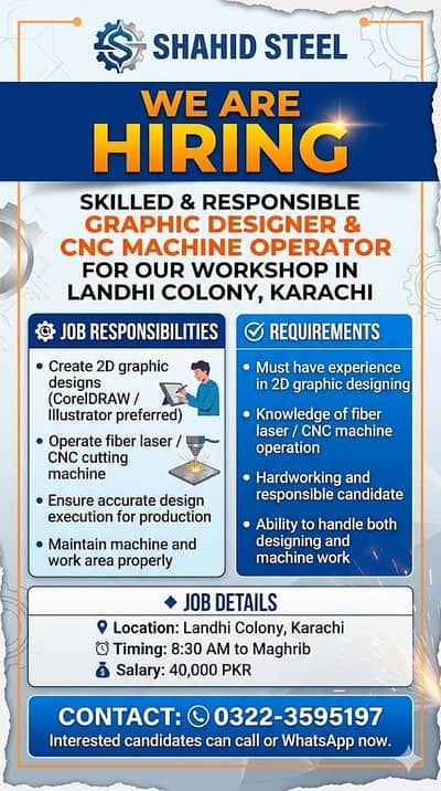 Graphic designer and fiber laser machine operator required in karachi