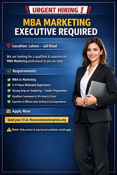 MBA Marketing Executive Required – 3-4 Years Experience | Lahore Jail