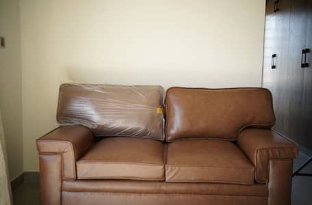 Brown leather and Grey Jute sofa