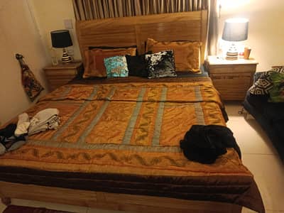 wooden double King size bed with side tabpes