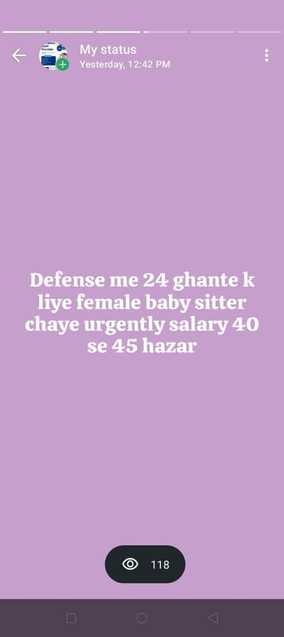 24 ghante k liye female Housemaid or babysitter chaye