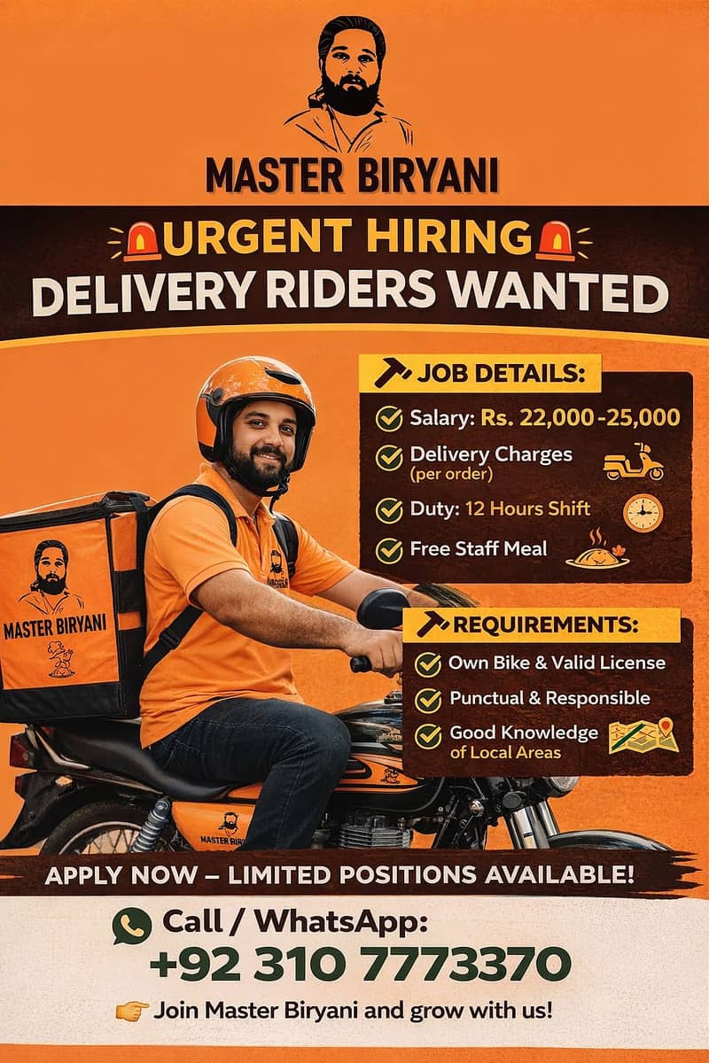 Delivery Rider – Master Biryani (Lahore) - Restaurants & Hospitality ...