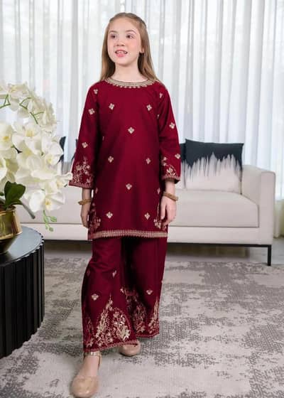 Maroon Embroidered girl kurta shalwar suit 2pcs