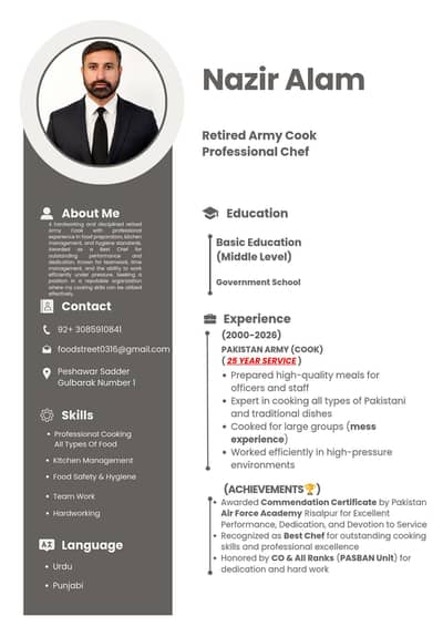 Experienced Chef Available | 25+ Year Army Service | Cooking Expert