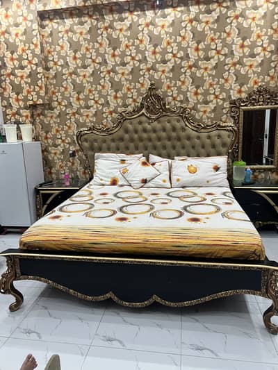 Wooden Bed with dressing table and side tables