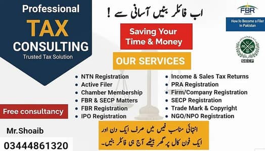 Sales Tax, Income Tax Return, Tax Consultant, FBR, Tax Filer, NTN,SECP