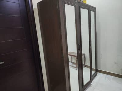 3-Door Wooden Cupboard | Mirror Front | Hanger, Shoe & Safe Function