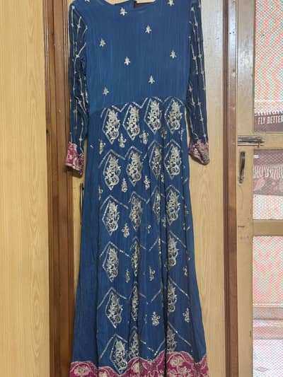 Blue and pink contrast frock with trouser and shirt