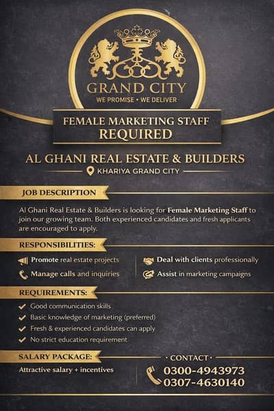 Female Marketing Staff Required | Real Estate Company
