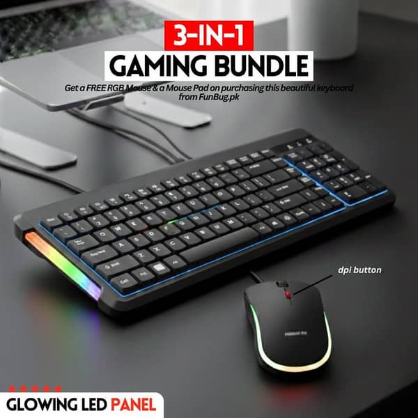 FunBug J209 Keyboard and Mouse Combo 3-in-1 with RGB Side Panel – Wired 105-key Keyboard, 2400 DPI Mouse, and Free Mouse Pad