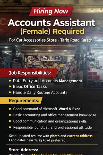 Account Assisstant (Female) Required for Car Accessories Store