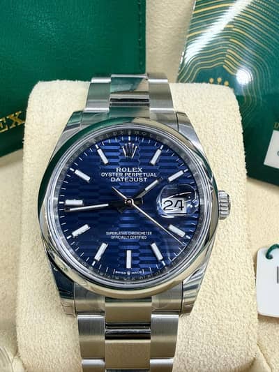 ROLEX DATEJUST 126200 blue motif dial 36mm stickers barcode full set