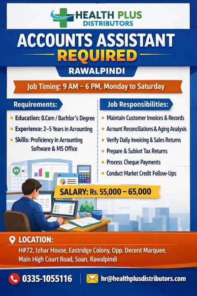 Accounts Assistant Required – Health Plus Distributors (Rawalpindi)