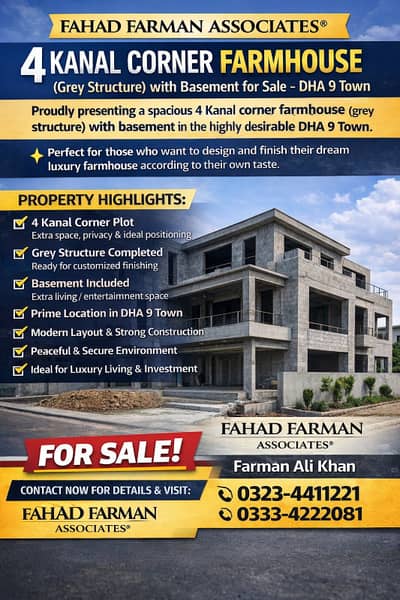 4 Kanal Corner Farmhouse (Grey Structure) with Basement for Sale in DHA 9 Town