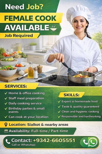 Female Cook – Need Job | Homemade Food Service
