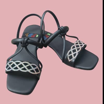 women's black pvc flat sandals with Rhinestone design
