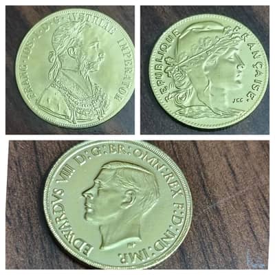 SET OF (3) ANTIQ COINS | GOLD PLATED COINS | OLD & RARE WORLD COINS |