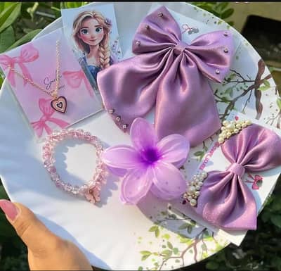  Purple Bow Hair Accessories Set—5pcs Girft box 