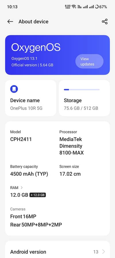 OnePlus 10R 5G 12+12gb 512gb 10/10 h dual sim o3051o55721 okara city
