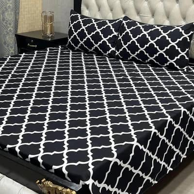 Black printed crystal cotton double bedsheet with 2 pillow covers