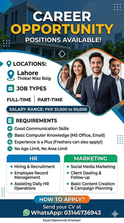 fresh staff required in Lahore City male and female both can apply