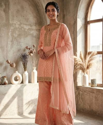 Peach Short Shirt Plazo with Net Dupatta | Stone Work Party Wear |