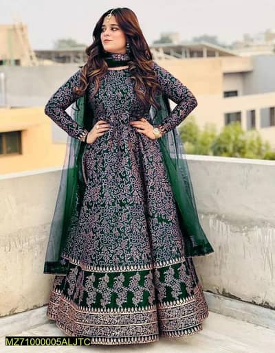 Designer Style Dark Green Embroidered Silk Maxi - Party Wear 030162111