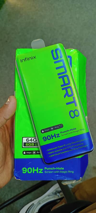 infinix smart 8:  6/64  box  open  03354365256