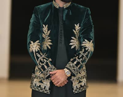 Green VELVET GOLDEN HAND WORK FRONT OPEN PRINCE COAT