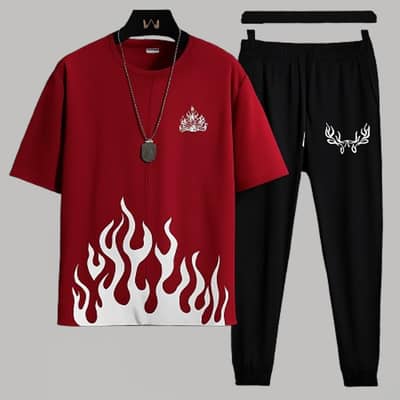 Man maroon flame print track suit 2 pic